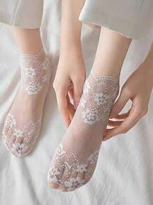 5 Pairs High Quality Fashion Women's Lace Sheer Socks, Floral Pattern, Thin Ankle Socks For Summer - Multicolor - View 7