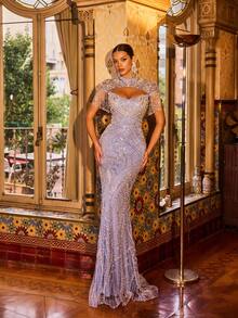 Women's Elegant Long Mermaid Dress, Stand Collar, Heart Cutout, Beaded Tassel Decor, Sequin & Pearl Embellished, Formal Gown For Evening Party, Wedding, Ceremony, Prom - Dusty Blue - View 9