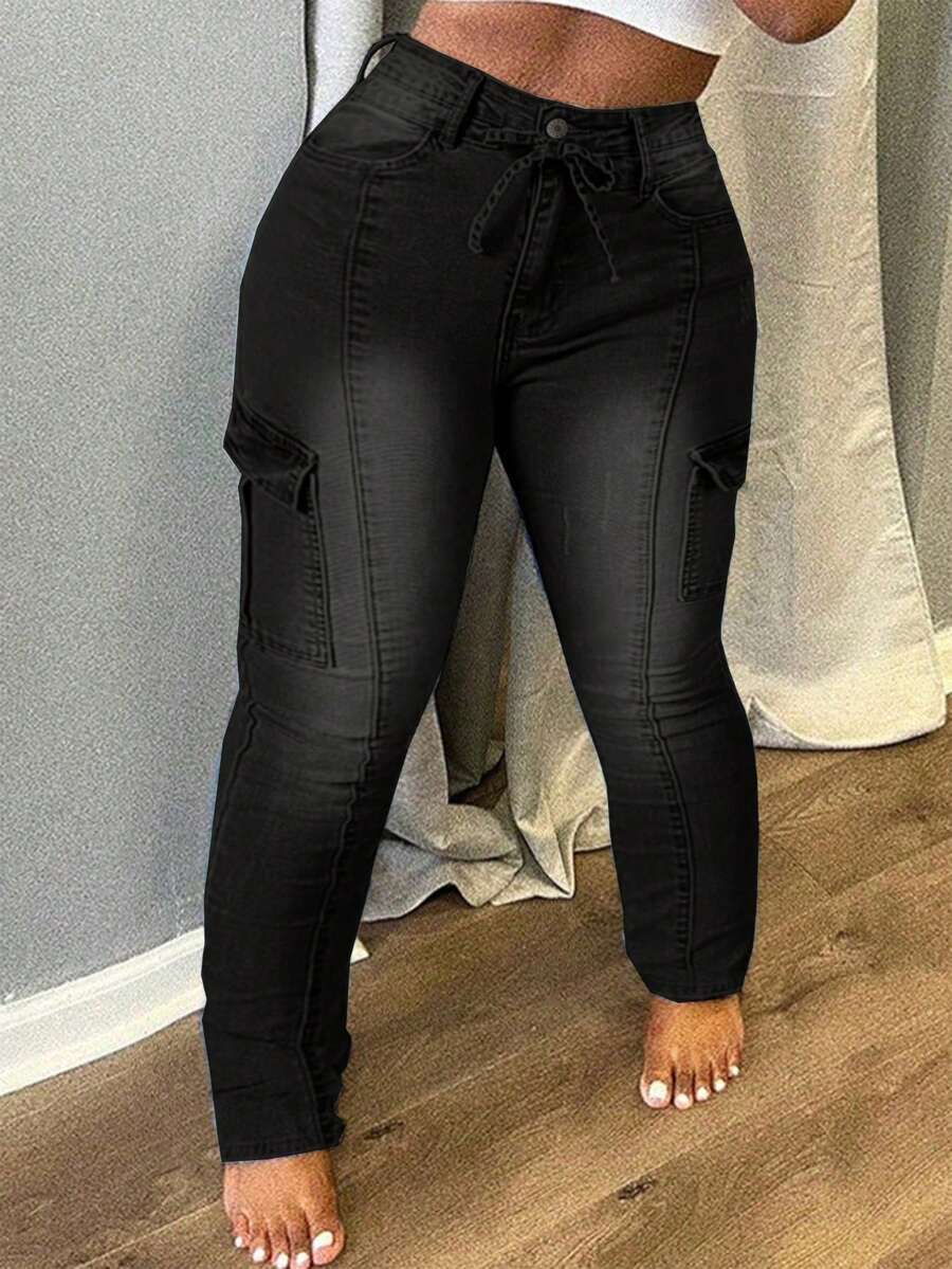 Chicsale Plus Size Women's Cargo Jeans - Slim Fit Stretch Denim With Utility Pockets, Solid Color For Everyday - Black - View 1