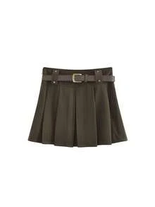 New Autumn/Winter High Waist A-Line Pleated Wool Blend Mini Skirt With Belt - Coffee Brown - View 4