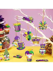 12/24/36 Pcs Mardi Gras Hanging Ornaments With Rope Crown Mask Pattern Wooden Ornaments Purple Yellow Green Mardi Gras Theme Decorations For Carnival Holiday Party Home Decor - Multicolor - View 8