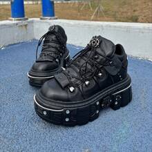 Gothic Vintage Style Women And Men Black Wedge Sneakers With Rivets Platform Lace-Up Street Chunky Shoes With Metal Decorations - Black - View 8