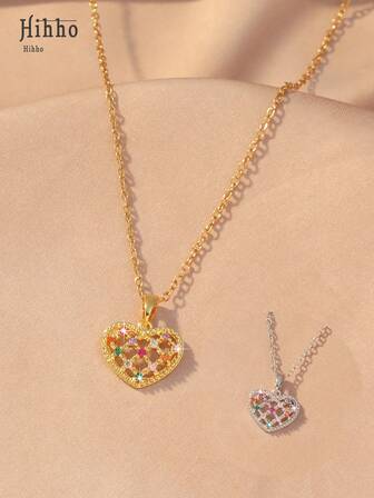 Hihho 1pc Colorful Heart Necklace, Rainbow Element Style, Available In Gold And Silver, Featuring Hollow Heart Outline Design With Multi-Color Inlaid, Combining Sweet Heart Element And Rainbow Color Decor, Suitable For Casual And Date Outfits, Valentine's Day Gift