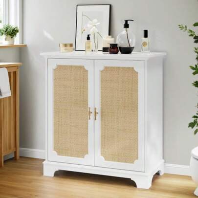 Sideboard, Buffet, Weinschrank Mit Rattan-Dekortüren, Küchenbuffet, Konsolentisch, Dekorativer Schrank Für Flur, Eingangsbereich Und Wohnzimmer