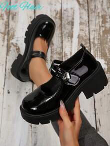 Foot Flair 女款（尺码偏小）玛丽珍厚底粗跟踝带Y2K哥特洛丽塔牛津经典舒适校服正装鞋 - 黑色 - 查看 8