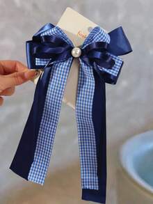 1 pieza Clip de pelo con lazo a cuadros de dos tonos, estilo escolar casual y versátil para niñas, temporada de vuelta al colegio - Azul Marino - Ver 2