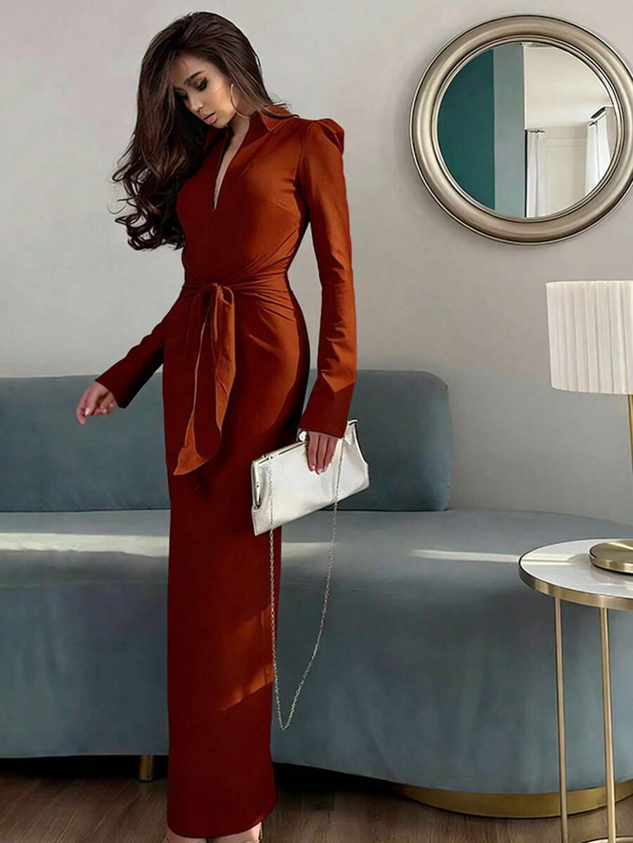Đầm dài tay màu trơn thanh lịch dành cho nữ, có cổ, thắt eo và khóa kéo, thích hợp cho các bữa tiệc mùa thu/đông, mùa xuân.