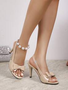 女士尖头高跟凉鞋，露趾蝴蝶结露跟派对及工作鞋，法式甜美风格百搭 - 杏色 - 查看 1