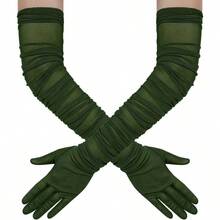 Women's Long Stretchy Ruched Mesh Tulle Sheer Gloves Costume Opera Party 1920's Dance Gloves - Màu xanh lá cây đậm - Xem 1