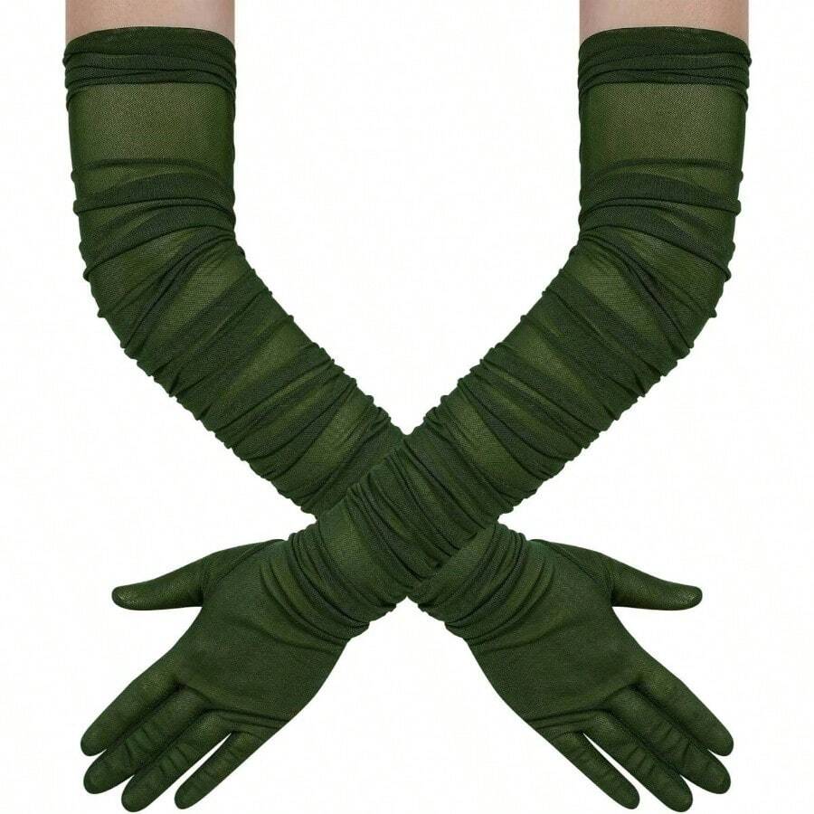 Women's Long Stretchy Ruched Mesh Tulle Sheer Gloves Costume Opera Party 1920's Dance Gloves - Màu xanh lá cây đậm - Xem 1