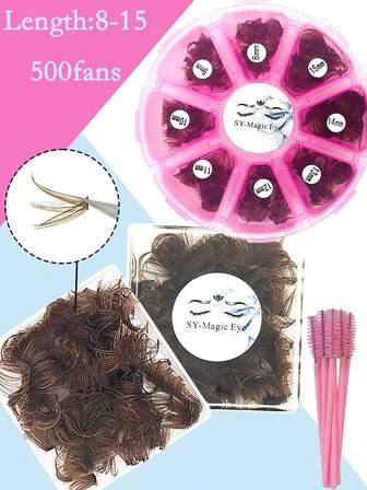 500 st per låda, gör-det-själv individuella fransar, 40D, tjocklek 0,07 mm, 8-15 mm / MIX, böjda D, färdiga lösögonfransförlängningar, med 10 st ögonfransborstar, mjuka och naturliga, lätta att bära, handympade lösögonfransar, fest och resor, jul