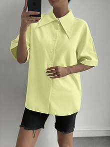 QIANZHIDU Pure Women's Fashion Shirts 2024 Spring Summer Autumn Elegant Half Sleeve Button Up Shirt Office Beautiful Blouse For Women Tops Summer Outfits For Women Spring Outfits For Women Summer Tops Valentine's Day And New Year Outfits - Fluorescent Green - View 2