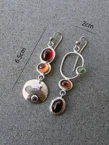 Retro Colorful Personalized Earrings, Creative Geometric Asymmetric Design, Handmade Earrings, For Women - Silver - View 13