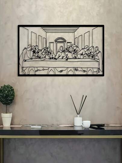 1件套《最后的晚餐》金属墙饰 - 简约黑色使徒与耶稣装饰，耐用铁艺家居教堂装饰，适用于复活节、圣诞节、婚礼 - 牧师基督教礼物、乔迁生日礼物 - 《最后的晚餐》场景雕塑，活动装饰，平面艺术，时尚设计
