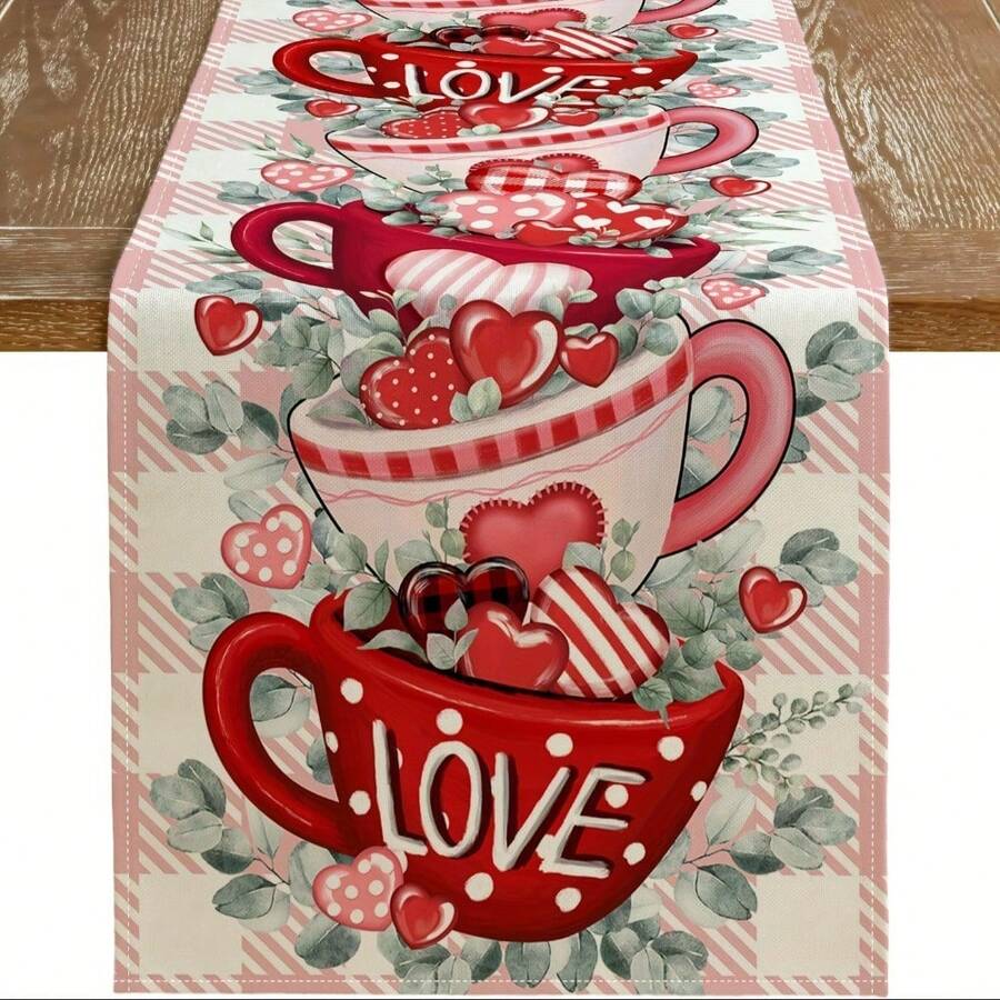 Single-Pack Valentine's Day Table Runner With Heart And Eucalyptus Leaf Pattern; Can Also Be Used As A Mug Decoration. Pink Buffalo Plaid Burlap Farmhouse Style Indoor/Outdoor Holiday And Anniversary Decoration, Suitable For Family Gatherings. Sizes: 13 X 36 Inches, 13 X 72 Inches. - Rose Red - View 1