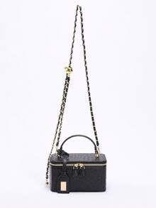 1 pieza Bolso de caja con acolchado de diamantes bordado de PU de moda, bolso cuadrado pequeño versátil con cremallera, bolso de mano de mujer con correa de cadena - Negro - Ver 8