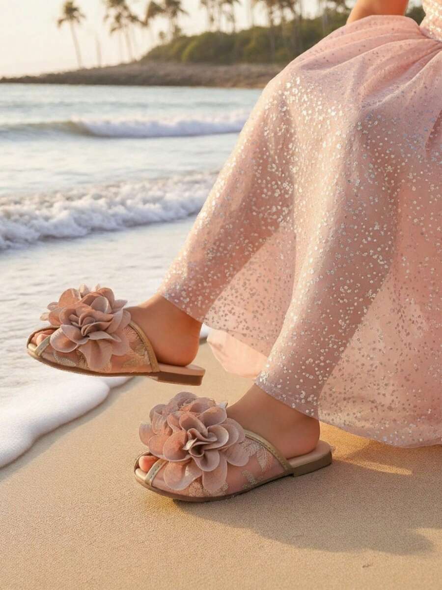 1 Pair Girls' Mesh Embroidered Heart & Diamond Lattice Design Flat Hollow Slip-On Shoes, Cute Princess Style, Fashion, Soft & Lightweight, Round Toe, Hook And Loop Closure, Matching Mom's Size, Suitable For 2-14 Years Old Girls, All Seasons, Party, Holiday - 橘色 - 查看 1