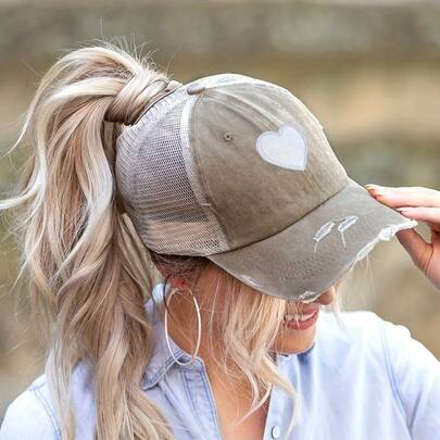 1pc Womens Distressed Sand Corduroy Baseball Cap With Heart Embroidery And White Stitch Detailing Featuring A Functional High Ponytail Hole And Breathable Mesh Back Panel Soft Structured Brim And Adjustable Snapback Closure For A Perfect Flattering Fit Ideal For Coffee Shop Lines Outdoor Markets Weekend Getaways Spring Picnics And Effortlessly Cool Everyday Style