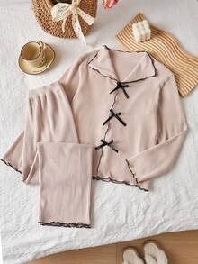 Lurzo Elegant Fashion Girls Bowknot Solid Color Long Sleeve + Long Pants 2 Pieces Set Loungewear, Made Of Comfortable Fabric And Wool Collar Design, Perfect For Spring/Autumn Pajama Party And Casual Night - Apricot - View 1