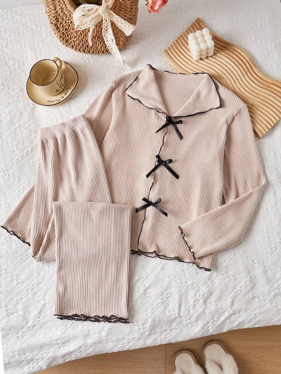 Lurzo Elegant Fashion Girls Bowknot Solid Color Long Sleeve + Long Pants 2 Pieces Set Loungewear, Made Of Comfortable Fabric And Wool Collar Design, Perfect For Spring/Autumn Pajama Party And Casual Night - Apricot - View 1