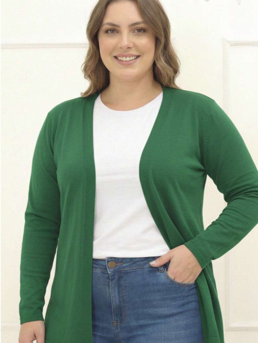 Women's Plain Cardigan Jacket With Slit, Plus Size, Kimono Style - 綠色 - 查看 1