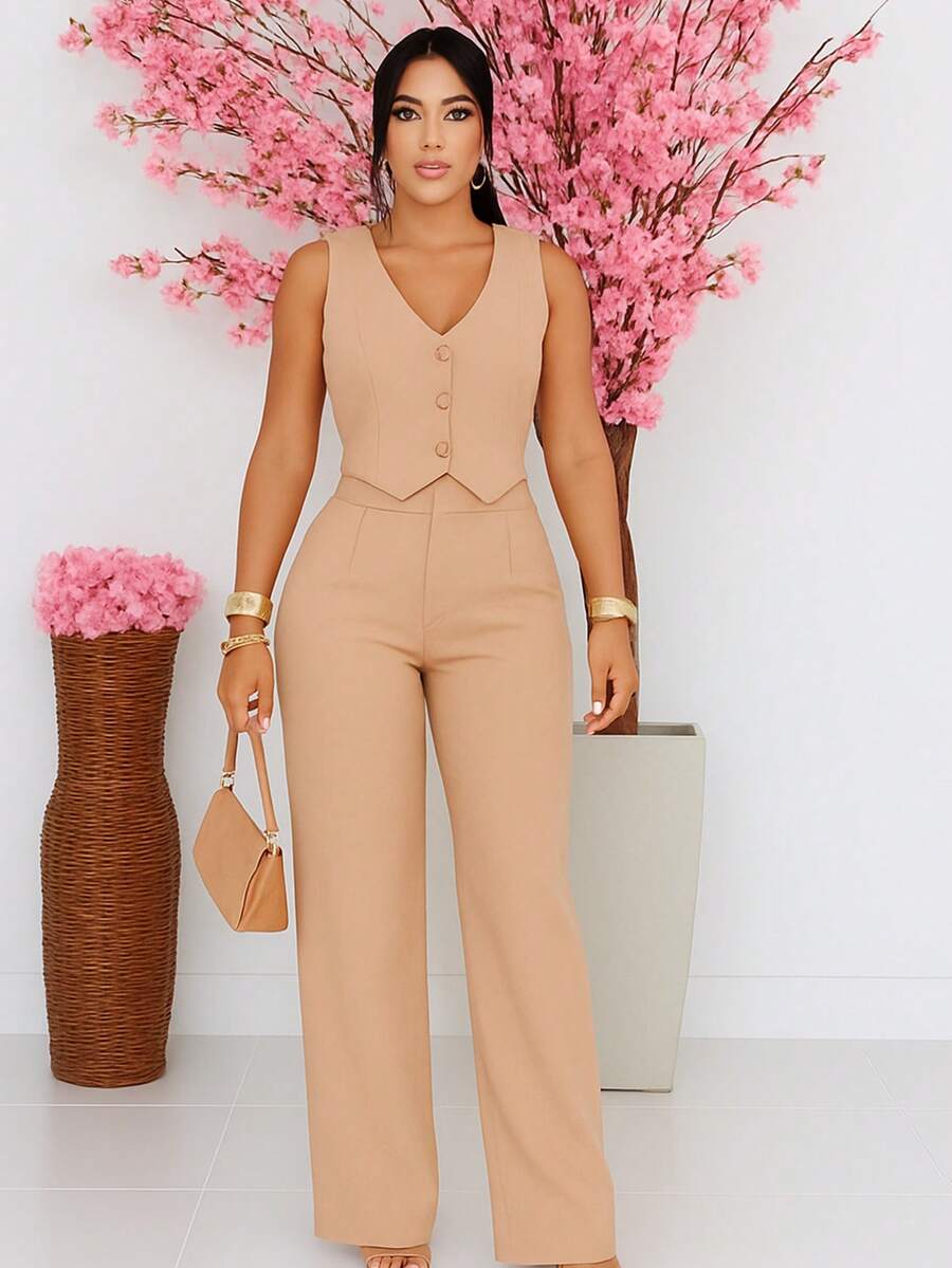 Women's Tailored Set: Blouse, Vest, And Elegant Wide-Leg Trousers With Buttons - Perfect For Christmas And New Year's. - 裸體 - 查看 1