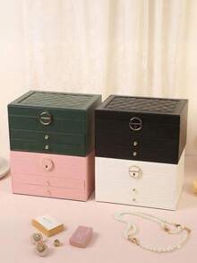 1pc Luxury Diamond Pattern Lockable Jewelry Box, Multi-Layer Jewelry Storage Box, Earring Organizer, Vanity, Bedroom Accessory, Home Organization & Storage, Room Decor, Gift For Women - Multicolor - View 5