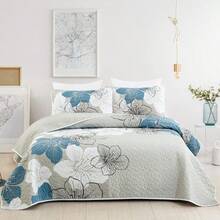 Piezas de edredón con estampado floral para cama, elegante colcha bohemia con 2 fundas de almohada, ropa de cama ligera de microfibra para todas las estaciones - Flor azul - Ver 1