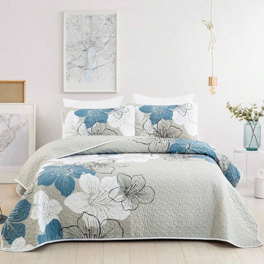 Piezas de edredón con estampado floral para cama, elegante colcha bohemia con 2 fundas de almohada, ropa de cama ligera de microfibra para todas las estaciones - Flor azul - Ver 1