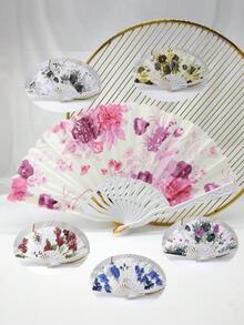 1Pc D EXCEED Women's White Handle Ink Painting Floral Folding Fan – Elegant & Gorgeous Hand Fan – Perfect For Dance Props Stage Performances Concerts Bridal Weddings New Year Gifts All-Season Use Tea Party Accessories - White-handled Ink-wash Flower Fan - View 1