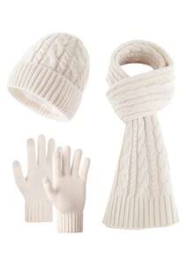 3pcs Men's Fashion Simple Solid & Striped Knit Jacquard Beanie, Scarf And Gloves Set, Soft Thermal Lined Warm Accessories For Autumn/Winter Outdoor, Casual, Travel Winter Warm