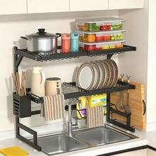 Dish Rack Above Sink - Three-Tier Large Capacity Drain Rack With Knife And Utensil Storage Compartments, Kitchen Organisation Essential, Ideal Gift For The Home Dimensions: Length 25.67in X Width 12.36in X Height 29.69in Colour: Black - 黑色三層 - 查看 1