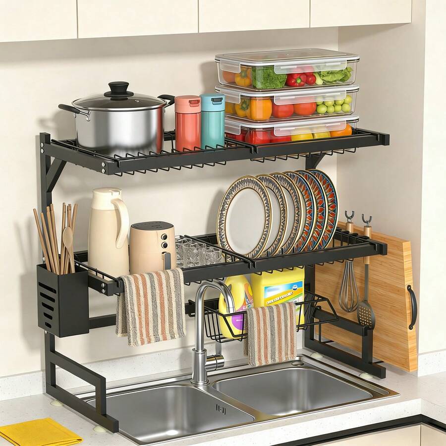 Dish Rack Above Sink - Three-Tier Large Capacity Drain Rack With Knife And Utensil Storage Compartments, Kitchen Organisation Essential, Ideal Gift For The Home Dimensions: Length 25.67in X Width 12.36in X Height 29.69in Colour: Black - 黑色三層 - 查看 1
