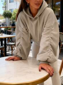 女士新款卡其色抽绳袖侧褶落肩长袖宽松套头衫，时尚简约休闲运动骑行跑步户外基础款卫衣，秋冬款 - 卡其色 - 查看 5