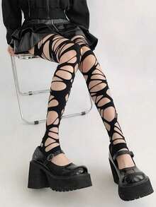 1PC Black Punk Goth Fishnet Tights For Women Y2K Millennium Hottie JK Style Distressed Holes Stockings Sexy Edgy Base Layer Pantyhose Soft Durable Daily Home Party Date Concert Travel Gift For Girlfriend Mom Daughter Friend Anniversary Present Limited Quantity Per Order - 黑色 - 查看 7