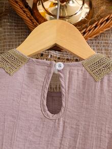 Spring/Summer Girls' Dress, Simple & Comfortable, Collar & Cuffs Decorated With Exquisite Golden Embroidered Floral Lace, Elegant A-Line Silhouette, Suitable For Vacation & Outdoor Activities - Dusty Pink - View 4