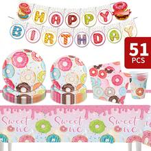Juego desechable de plato, servilleta, vaso, mantel y pancarta con diseño de donas de colores para cumpleaños, adecuado para cumpleaños, bodas, fiestas temáticas, picnics familiares, para 8 invitados