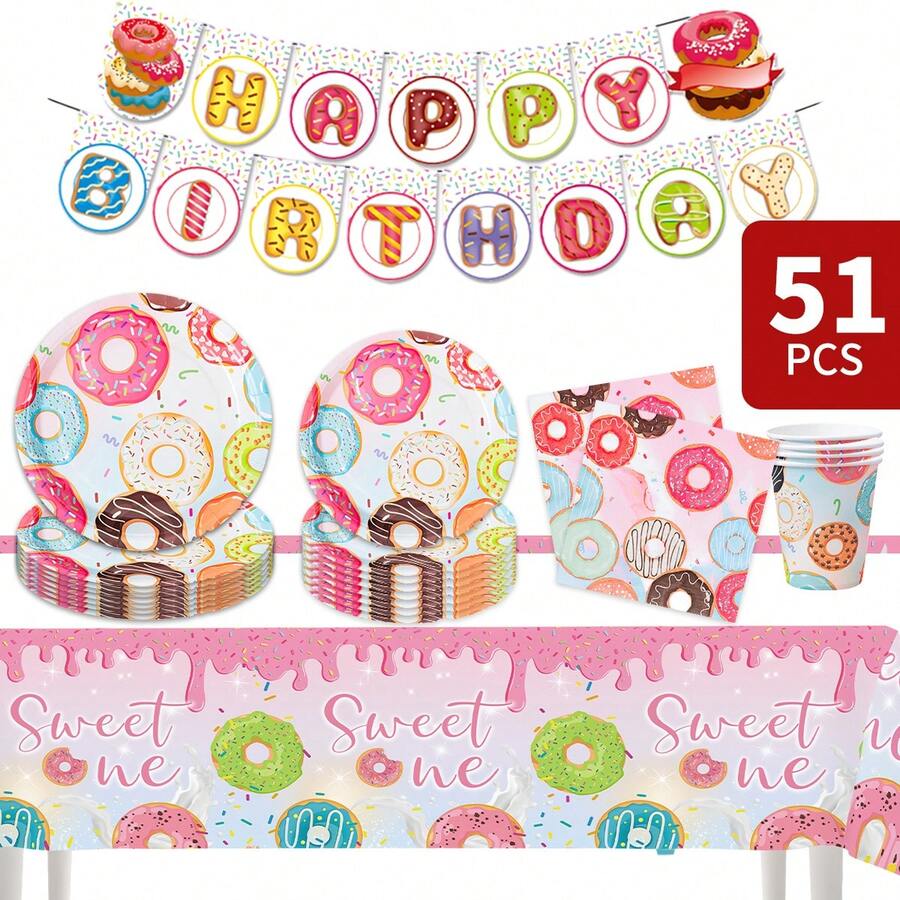 Juego desechable de plato, servilleta, vaso, mantel y pancarta con diseño de donas de colores para cumpleaños, adecuado para cumpleaños, bodas, fiestas temáticas, picnics familiares, para 8 invitados