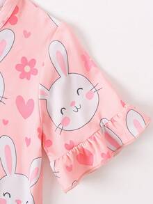 Nuevo camisón de verano lindo para niña, camisón infantil con estampado de conejo, vestido de dormir con cuello redondo, manga corta y dobladillo con volantes, ropa de estar en casa casual y cómoda para niñas - Rosa - Ver 3