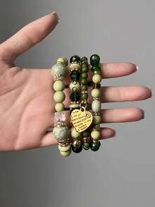 4 exquisitos y modernos colgantes de aleación con cuentas en color verde oliva. Este conjunto de pulseras de cuentas para mujer es ideal para uso diario, eventos informales, banquetes y fiestas. - Verde - Ver 5