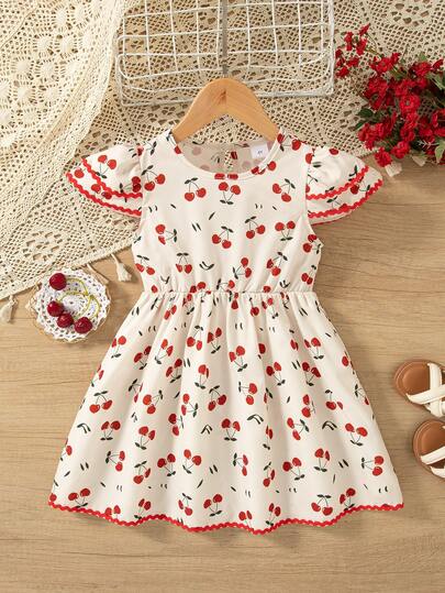 Girls Casual Fruit Print Decor Teardrop Back Design Short Sleeve Knee-Length Dress, Summer