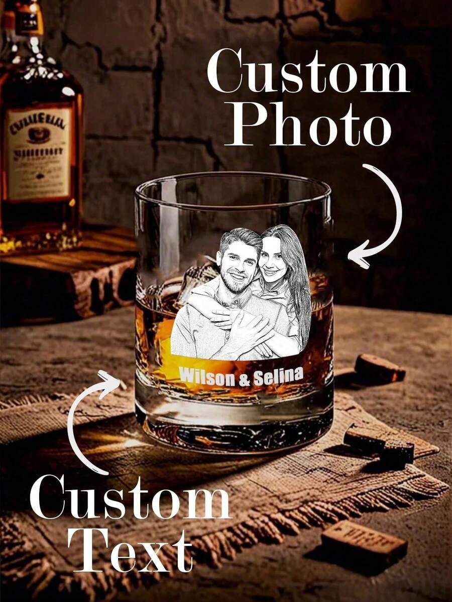 1pc Customized 300ml Glass Whiskey Cup, Personalized Photo & Text Engraved Whiskey Glass, Customized Gift, Personalized Whiskey Tumbler With Name - Multicolor - View 1