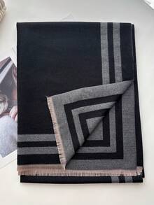 1pc Women's Reversible Faux Cashmere Color Block Fashion Versatile Air Conditioning Shawl Scarf, Thick & Warm For Daily Use, Autumn/Winter - Black - View 1