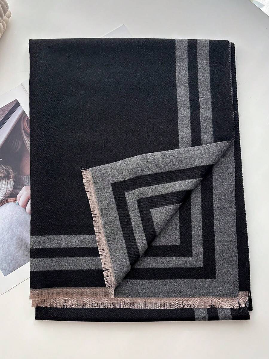 1pc Women's Reversible Faux Cashmere Color Block Fashion Versatile Air Conditioning Shawl Scarf, Thick & Warm For Daily Use, Autumn/Winter - Black - View 1