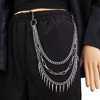 Silver Spike Decor Multi-Layer Chain Pants Chain, Cool Punk Style Waist Chain, Street Fashion Accessory, Perfect For Casual Pants, Jeans, And Shorts, Adds Personality And Edge, Ideal For Rock Style, Parties, And Everyday Outfits.