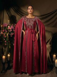 Damklänning i lyxig satin med broderi, pärlbroderad kapärm och bälte i vinröd kaftan, böljande, blygsam, formell kvällsfest, abaya för bröllopsgäster - Röd - Visa 7