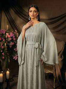 Women's All-Season Elegant Chic Luxury Modest Glamour Chiffon Embellished Beaded Sequined V-Neck Batwing Sleeve Self-Tie Waist Sage Green Silver Flowy Flattering Kaftan Maxi Dress Evening Formal Party Wedding Guest Gala - Silver - View 8