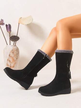 Fall/Winter Women's New Casual Thermal Lined Warm Boots, Mid-Calf Snow Boots, European And American Style,Fur Boots