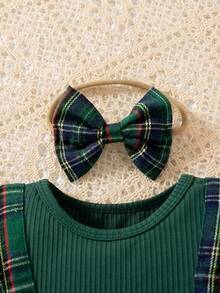 Baby Girls Cute Plaid Patchwork Ruffle Trim Long Sleeve Dress + Bow Hair Scrunchie - Dark Green - View 10