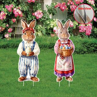 2 D Flat Printing, 2 Pieces Easter Plastic Yard Signs With Stakes, Large Retro Bunny And Eggs, Outdoor Yard Sign Decoration, Durable Plastic Easter Party Decoration